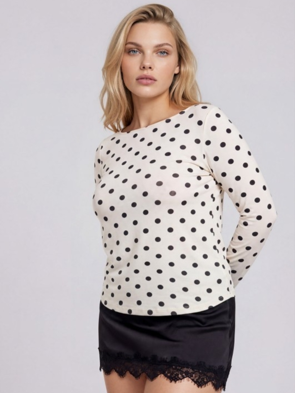 P3-0909 Cotton Cream and Black Polka Dot Long Sleeve Top